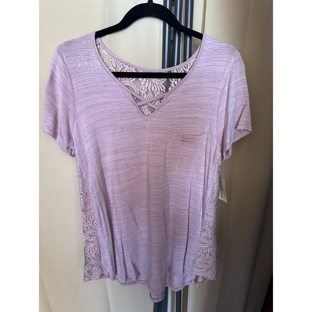 TRU SELF Sz M Lace back and side Short sleeve Top Mauve